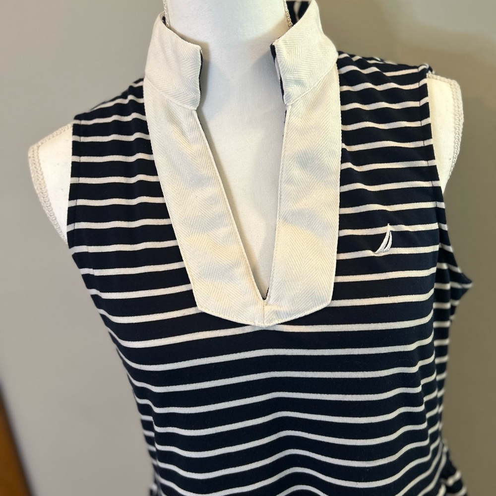 Nautica Navy & White Striped Sleeveless Collared Dress S coastal summer resort S - Picture 2 of 7